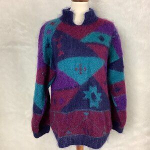 Vintage 80s Turquoise Blue, Purple, Burgundy Red, Color Block Mohair Sweater L